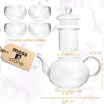 Moss & Stone Glass 27oz Tea Kettle Infuser & 4 Tea Cups Gift Set, Borosilicate Glass Teapot With Rem...