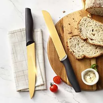 Marco Almond® Gold Knife Set With Block KYA23, 14 Pieces Stainless Steel Chef Cutlery Knives Set for Kitchen with Acrylic Stand