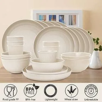 Wheat Straw Dinnerware Sets for 6, Osonm 24PCS Unbreakable Reusable Plastic Plates Bowls Cups Set, Dishwasher Microwave Safe Dishes Set for Kitchen, Dorm, Camping, RV, Picnic (Beige)