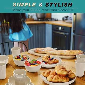 Wheat Straw Dinnerware Sets for 6, Osonm 24PCS Unbreakable Reusable Plastic Plates Bowls Cups Set, Dishwasher Microwave Safe Dishes Set for Kitchen, Dorm, Camping, RV, Picnic (Beige)
