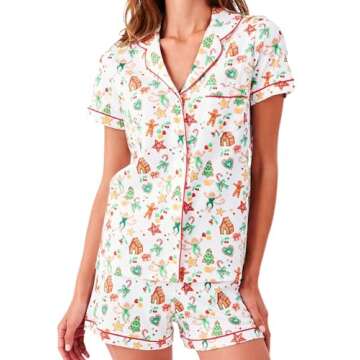 Zelbuck Womens Preppy Monkey Pajamas Set Trendy 2 Piece Button Down Bunny Beach Shorts Set Y2k Loungewear Pjs for Christmas Thanksgiving Gifts(Christmas, Women, X-Small)