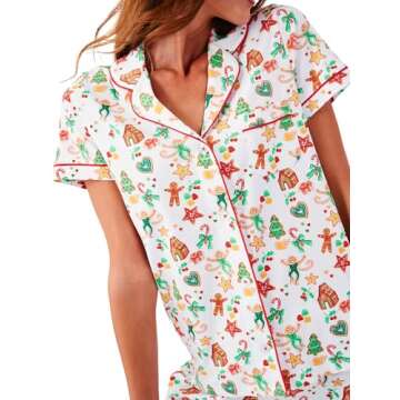 Zelbuck Womens Preppy Monkey Pajamas Set Trendy 2 Piece Button Down Bunny Beach Shorts Set Y2k Loungewear Pjs for Christmas Thanksgiving Gifts(Christmas, Women, X-Small)