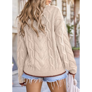 EVALESS Women's Casual Crewneck Sweaters Trendy Long Sleeve Color Block Sweater Tops Fall 2024 Chunky Cable Knit Pullover Sweaters Comfy Warm Loose Fit Clothes Beige Medium