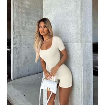 OQQ Women's Yoga Workout Ribbed Short Sleeve Sport Romper, Beige, Small