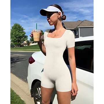 OQQ Women's Yoga Workout Ribbed Short Sleeve Sport Romper, Beige, Small