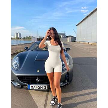 OQQ Women's Yoga Workout Ribbed Short Sleeve Sport Romper, Beige, Small