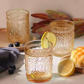 6 Pack Amber Glassware Set, 10oz Vintage Drinking Glasses, Colored Water Glasses, Amber Embossed Glass Cups for Party Wedding Home Office Gift
