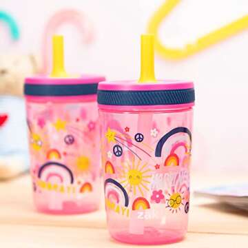 Zak Designs Kelso 15 oz Tumbler Set, (Starpower) Non-BPA Leak-Proof Screw-On Lid with Straw Made of Durable Plastic and Silicone, Perfect Baby Cup Bundle for Kids (2pc Set)