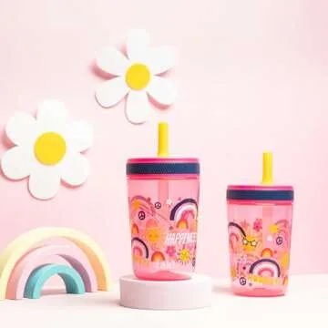 Zak Designs Kelso 15 oz Tumbler Set, (Starpower) Non-BPA Leak-Proof Screw-On Lid with Straw Made of Durable Plastic and Silicone, Perfect Baby Cup Bundle for Kids (2pc Set)