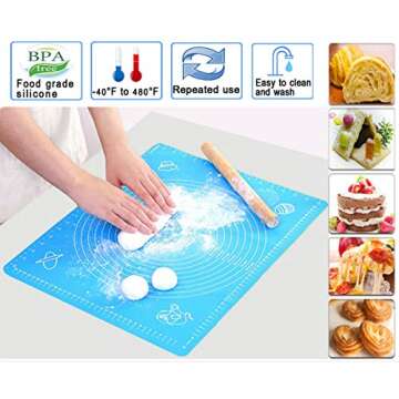 Silicone Baking Mat with Measurements – Heat Resistant, BPA Free, Non-Stick Pastry Mat for Rolling Dough – Easy to Clean Silicone Mat - Does Not Discolor-Blue