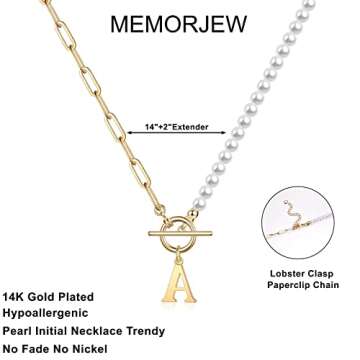 Pearl Initial Necklaces for Women Trendy, 14k Gold Plated Dainty Pearl Initial Necklace Paperclip Ch...