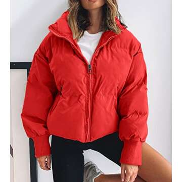 ZESICA Women's Winter Warm Long Sleeve Zip Up Drawsting Baggy Cropped Puffer Down Jacket Coat Outerwear,Red,X-Small