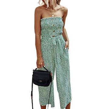 Angashion Women’s Jumpsuit-Casual Off Shoulder Sleeveless Ruffle Button Belt Wide Leg Jumpsuits Rompers Summer