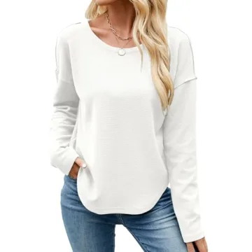 Allimy Women's Crewneck Basic Waffle Knit Sweatshirt - Cute Casual Spring Top for Women