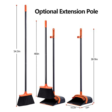 Stand-Up Broom Dustpan Set with Long Handle Comb Teeth Orange