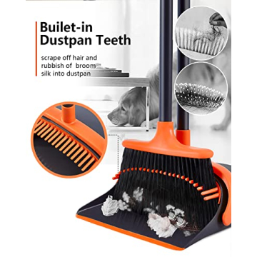 Stand-Up Broom Dustpan Set with Long Handle Comb Teeth Orange