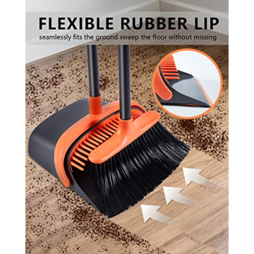 Stand-Up Broom Dustpan Set with Long Handle Comb Teeth Orange