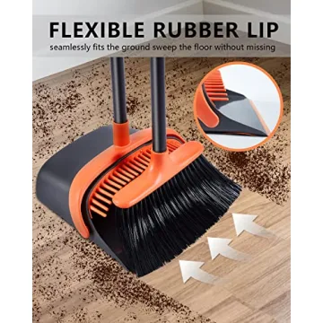 Stand-Up Broom Dustpan Set with Long Handle Comb Teeth Orange