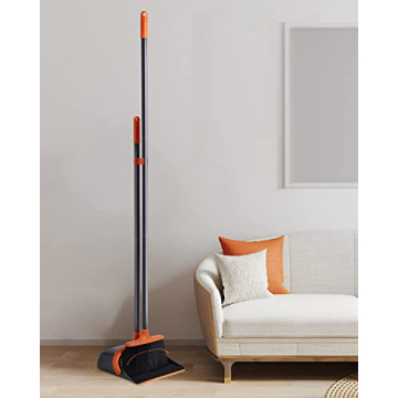 Stand-Up Broom Dustpan Set with Long Handle Comb Teeth Orange