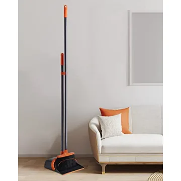 Stand-Up Broom Dustpan Set with Long Handle Comb Teeth Orange