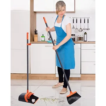 Stand-Up Broom Dustpan Set with Long Handle Comb Teeth Orange