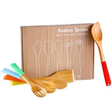 COOKSMARK 5 Piece, 13-Inch Bamboo Wood Nonstick Cooking Utensils - Wooden Spoons and Spatula Utensil Set with Multicolored Silicone Handles in Red, Yellow, Green, Orange, Blue