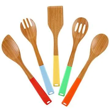 COOKSMARK 5 Piece, 13-Inch Bamboo Wood Nonstick Cooking Utensils - Wooden Spoons and Spatula Utensil Set with Multicolored Silicone Handles in Red, Yellow, Green, Orange, Blue