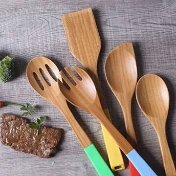 COOKSMARK 5 Piece, 13-Inch Bamboo Wood Nonstick Cooking Utensils - Wooden Spoons and Spatula Utensil Set with Multicolored Silicone Handles in Red, Yellow, Green, Orange, Blue