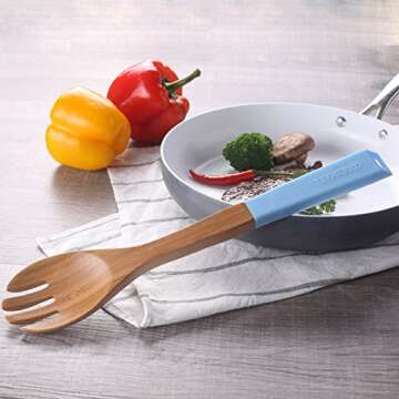 COOKSMARK 5 Piece, 13-Inch Bamboo Wood Nonstick Cooking Utensils - Wooden Spoons and Spatula Utensil Set with Multicolored Silicone Handles in Red, Yellow, Green, Orange, Blue