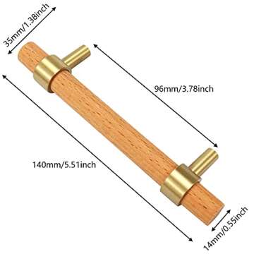 Savagrow 2pcs 5.51inch Solid Wood Drawer Pulls Brass Beech Wood Pull Handle for Wardrobe Cabinet Hardware, 3.78" Hole Center