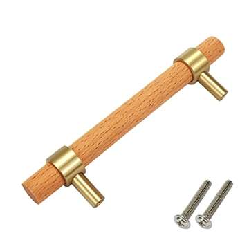 Savagrow 2pcs 5.51inch Solid Wood Drawer Pulls Brass Beech Wood Pull Handle for Wardrobe Cabinet Hardware, 3.78" Hole Center