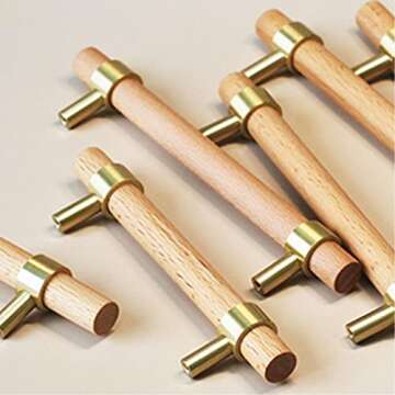 Savagrow 2pcs 5.51inch Solid Wood Drawer Pulls Brass Beech Wood Pull Handle for Wardrobe Cabinet Hardware, 3.78" Hole Center