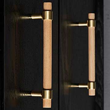 Savagrow 2pcs 5.51inch Solid Wood Drawer Pulls Brass Beech Wood Pull Handle for Wardrobe Cabinet Hardware, 3.78" Hole Center