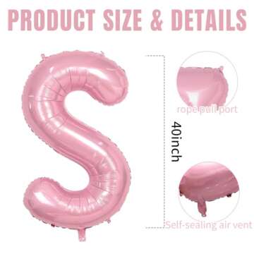 40 Inch Pink Letter Balloons, Large S Letter Balloons Foil Helium Balloons, Mylar Big Single Alphabet S Balloons, Pink Balloon Letters for Birthday Party Decorations Wedding Bride Anniversary Supplies