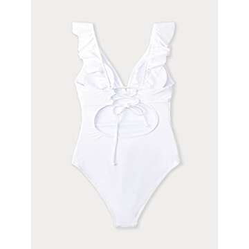 CUPSHE Women's V Neck One Piece Swimsuit Ruffled Lace Up Bathing Suit White, M