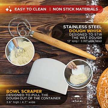 Shori Bake Banneton Bread Proofing Basket Set of 2 Round 9 Inch + Sourdough Bread Making Tools Kit, Baking Gifts for Bakers, Brotform Liner, Bread Lame, Dough Scraper, Bowl Scraper, Danish Dough Whisk