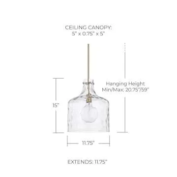 HomePlace Lighting 325717AD Crawford Urban/Industrial Clear Water Glass Jar Pendant Light, 1-Light 100 Watt, 15" H x 12" W, Aged Brass