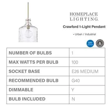 HomePlace Lighting 325717AD Crawford Urban/Industrial Clear Water Glass Jar Pendant Light, 1-Light 100 Watt, 15" H x 12" W, Aged Brass