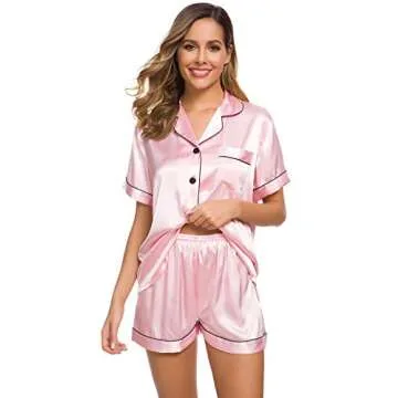 SWOMOG Womens Silk Satin Pajamas Set Two-piece Pj Sets Sleepwear Loungewear Button-Down Pj Sets Pink