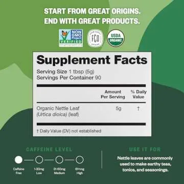 FGO Organic Nettle Leaf Loose Tea, Cut and Sifted, Caffeine Free, 16oz Bulk Resealable Bag, Packaging May Vary (Pack of 1)