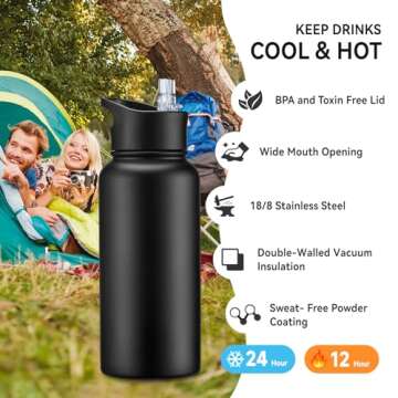 Cool Yoleb 32 Oz Insulated Stainless Steel Water Bottle with Straw and Spout Lid Leak Proof Double Wall Vacuum Sports Water Bottles for Gym Camping Hiking Black, 4 Pack