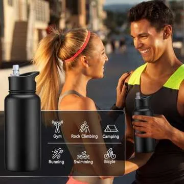 Cool Yoleb 32 Oz Insulated Stainless Steel Water Bottle with Straw and Spout Lid Leak Proof Double Wall Vacuum Sports Water Bottles for Gym Camping Hiking Black, 4 Pack