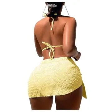 SHENHE Women's 3 Piece Textured High Cut Halter Triangle Bikini Swimsuit with Cover Up Yellow Plain S