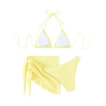 SHENHE Women's 3 Piece Textured High Cut Halter Triangle Bikini Swimsuit with Cover Up Yellow Plain S