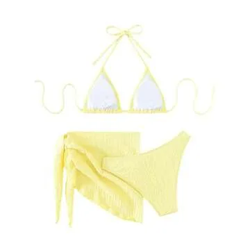 SHENHE Women's 3 Piece Textured High Cut Halter Triangle Bikini Swimsuit with Cover Up Yellow Plain S