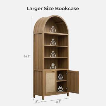SICOTAS Book Shelf Arched Cabinet Bookshelf Arch 84.2" Tall Bookcase Wood 5 Tier Large Bookshelves with Doors Storage Rattan Boho Wide Book Shelves Case for Living Room Kitchen Office Bedroom Library
