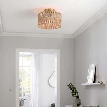 Hchunqjor Coastal Antique Gold Woven Flush Mount Light Fixture Rustic Boho Hemp Rope Brass Semi Flus...