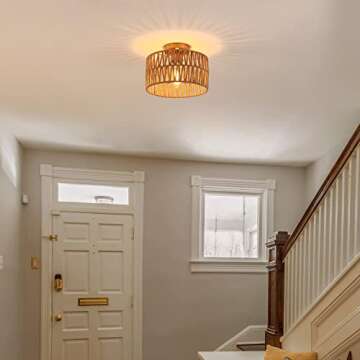 Hchunqjor Coastal Antique Gold Woven Flush Mount Light Fixture Rustic Boho Hemp Rope Brass Semi Flush Mount Ceiling Light for Hallway Bedroom Farmhouse Kitchen Entryway Hall