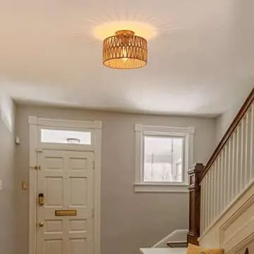 Hchunqjor Coastal Antique Gold Woven Flush Mount Light Fixture Rustic Boho Hemp Rope Brass Semi Flush Mount Ceiling Light for Hallway Bedroom Farmhouse Kitchen Entryway Hall