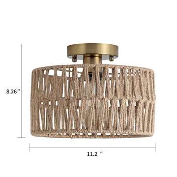 Hchunqjor Coastal Antique Gold Woven Flush Mount Light Fixture Rustic Boho Hemp Rope Brass Semi Flush Mount Ceiling Light for Hallway Bedroom Farmhouse Kitchen Entryway Hall